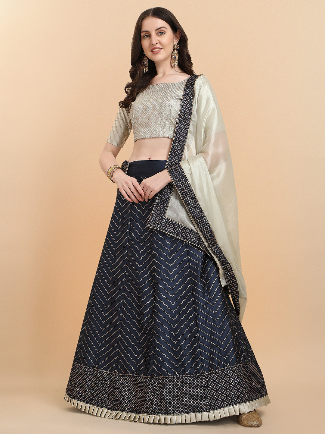 Navy Blue With Beige Color Sequence Work Satin Silk Lehenga Choli
