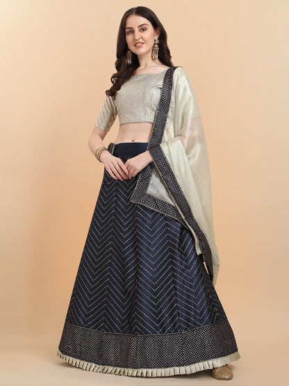 Navy Blue With Beige Color Sequence Work Satin Silk Lehenga Choli