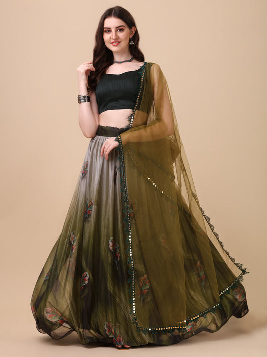 Digital Printed Mehndi Green Color Lycra Lehenga Choli