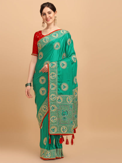 Green Color Embroidered Work Silk Saree