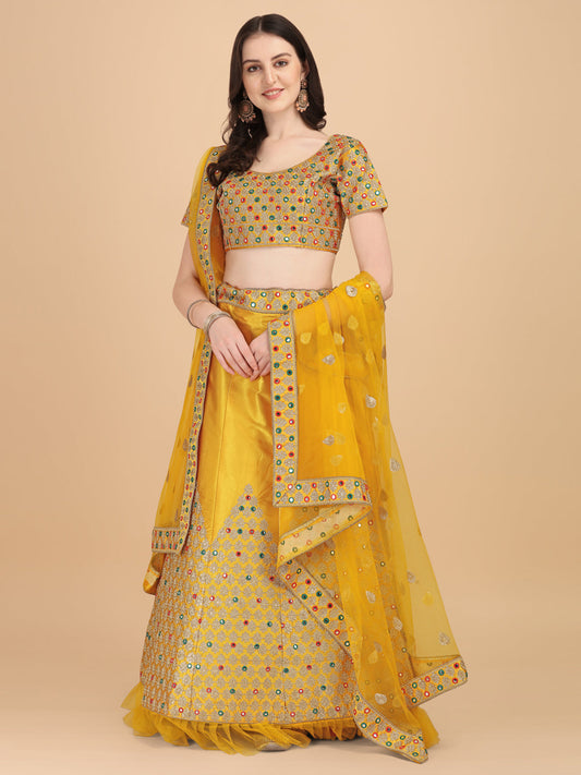 Designer Yellow Color Sequence & Mirror Work Satin Silk Lehenga choli