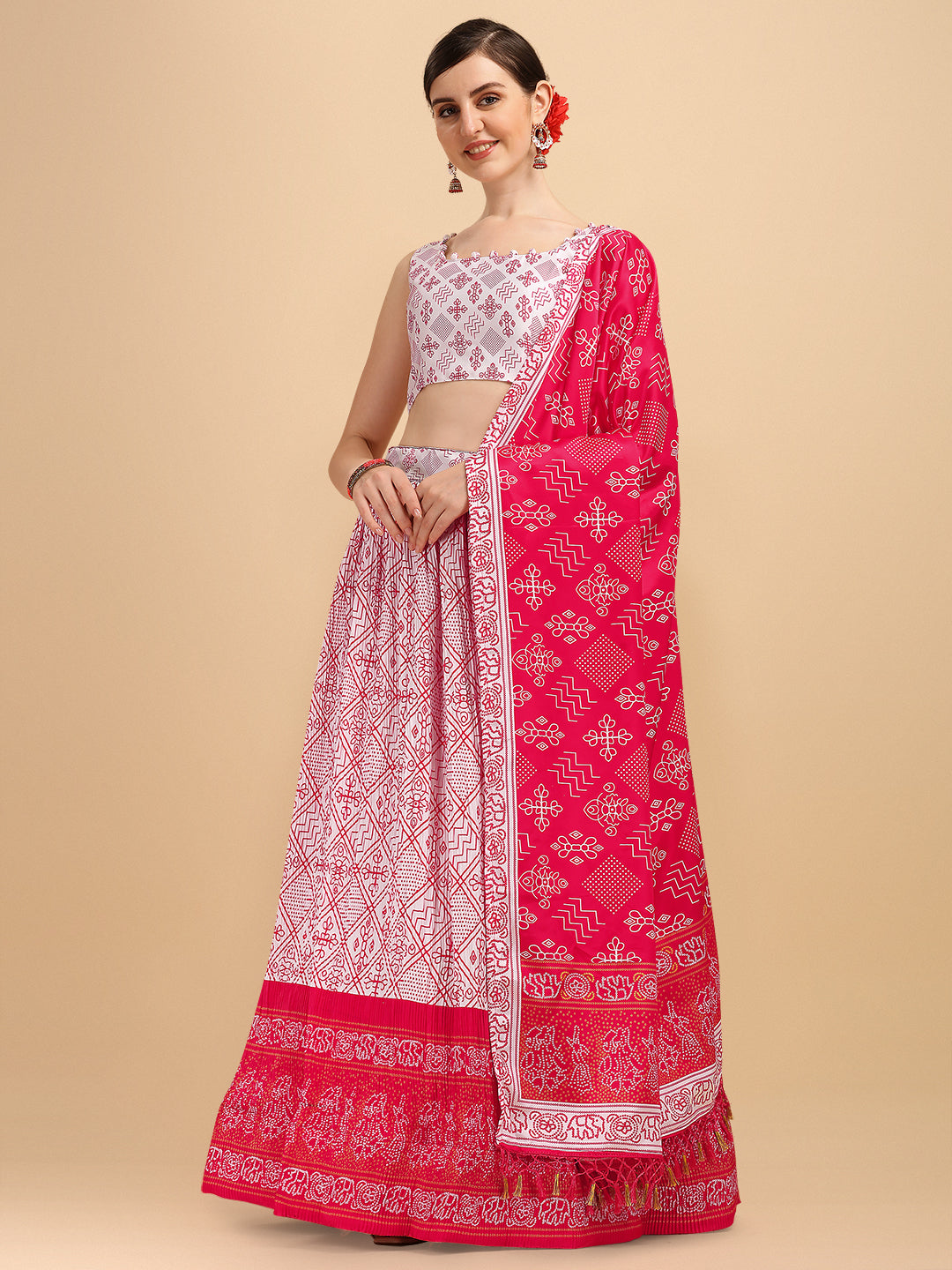 White & Pink Color Digital Printed Crushed Lehenga Choli