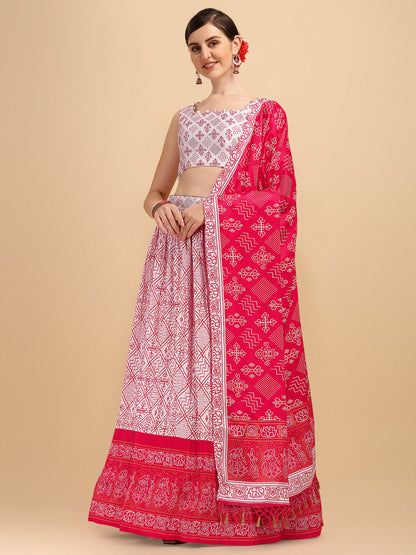 White & Pink Color Digital Printed Crushed Lehenga Choli