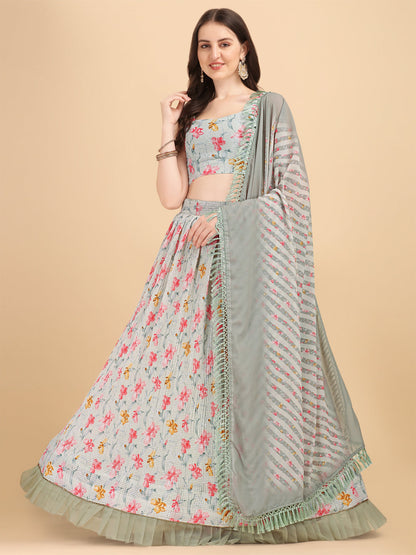 Pista Color Crochet Sequence Work Floral Printed Crushed Lehenga Choli