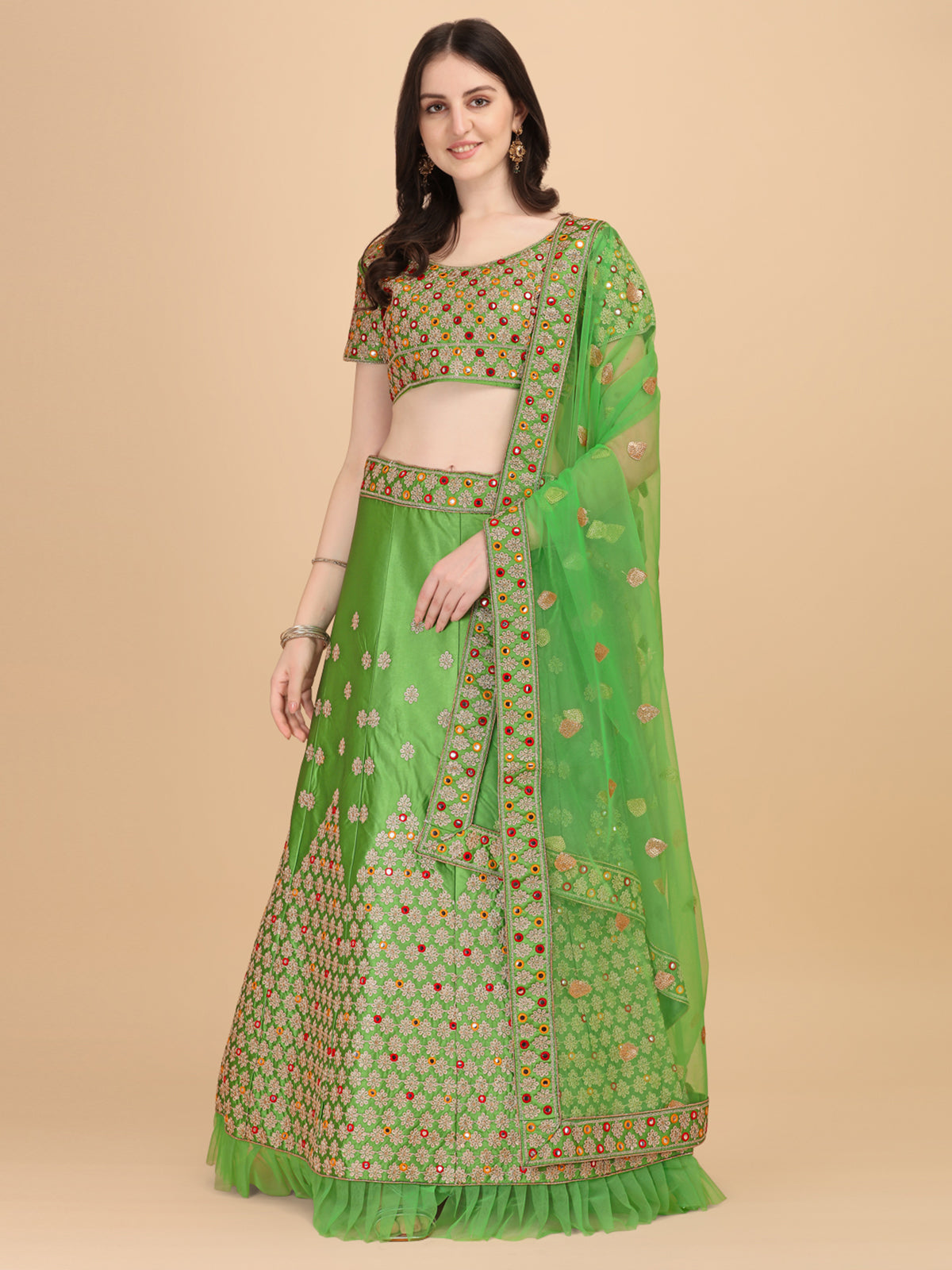 Designer Light Green Color Sequence & Mirror Work Satin Silk Lehenga choli