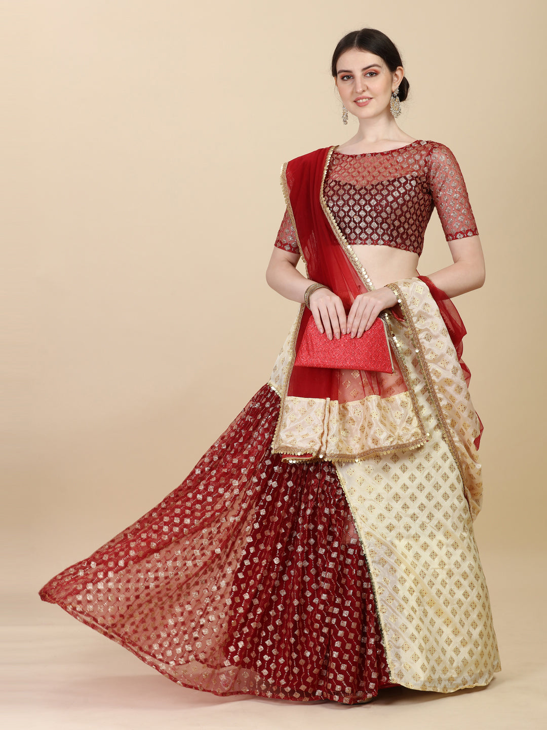 Ruffle Style Beige & Maroon Color Chinon Satin With Net Lehenga Choli