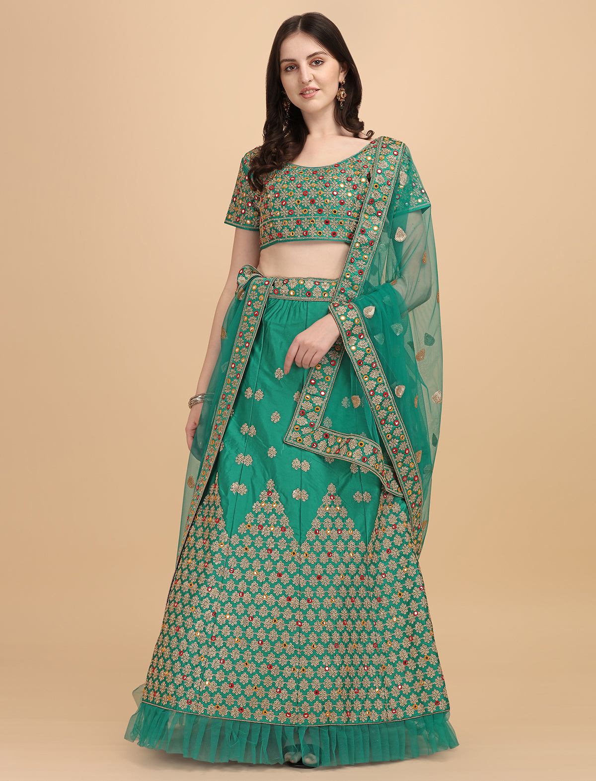 Designer Green Color Sequence & Mirror Work Satin Silk Lehenga choli