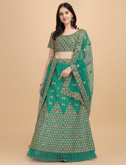 Designer Green Color Sequence & Mirror Work Satin Silk Lehenga choli