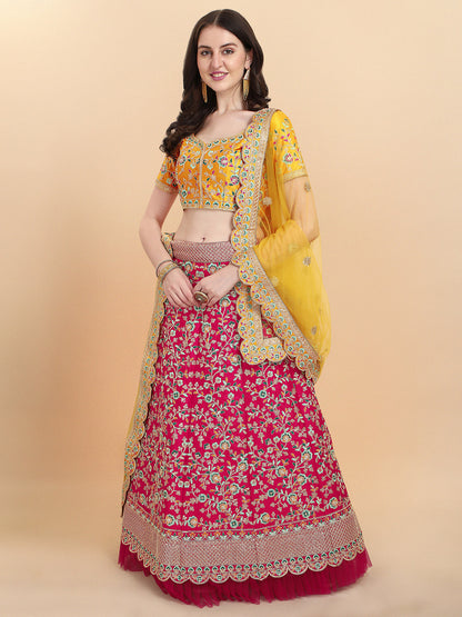 Yellow With Pink Color Sequence Embroidered Work Silk Lehenga Choli