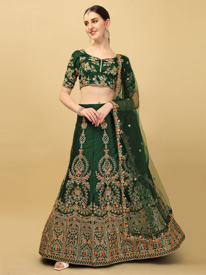 Dark Green Color Sequence & Embroidery Work Silk Lehenga Choli