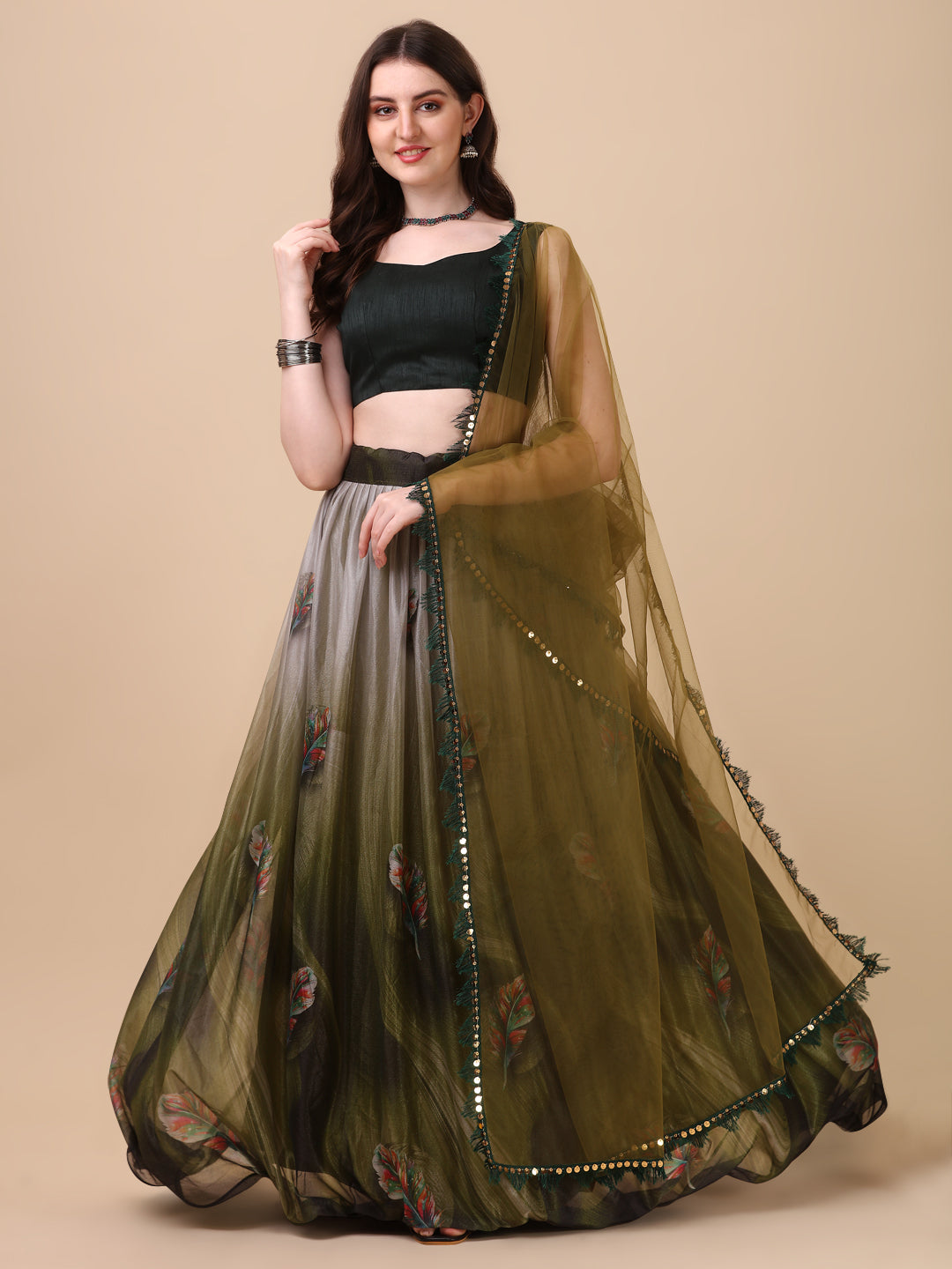 Digital Printed Mehndi Green Color Lycra Lehenga Choli