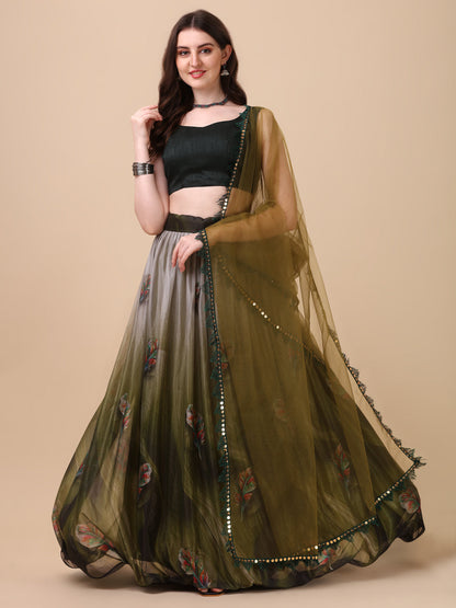 Digital Printed Mehndi Green Color Lycra Lehenga Choli