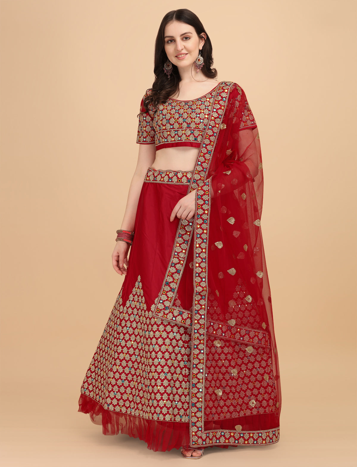 Designer Red Color Sequence & Mirror Work Satin Silk Lehenga choli
