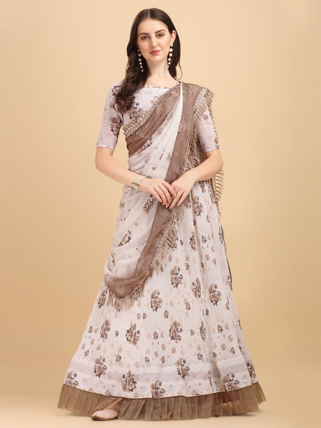 Brown Color Crochet Sequence Work Floral Printed Crushed Lehenga Choli