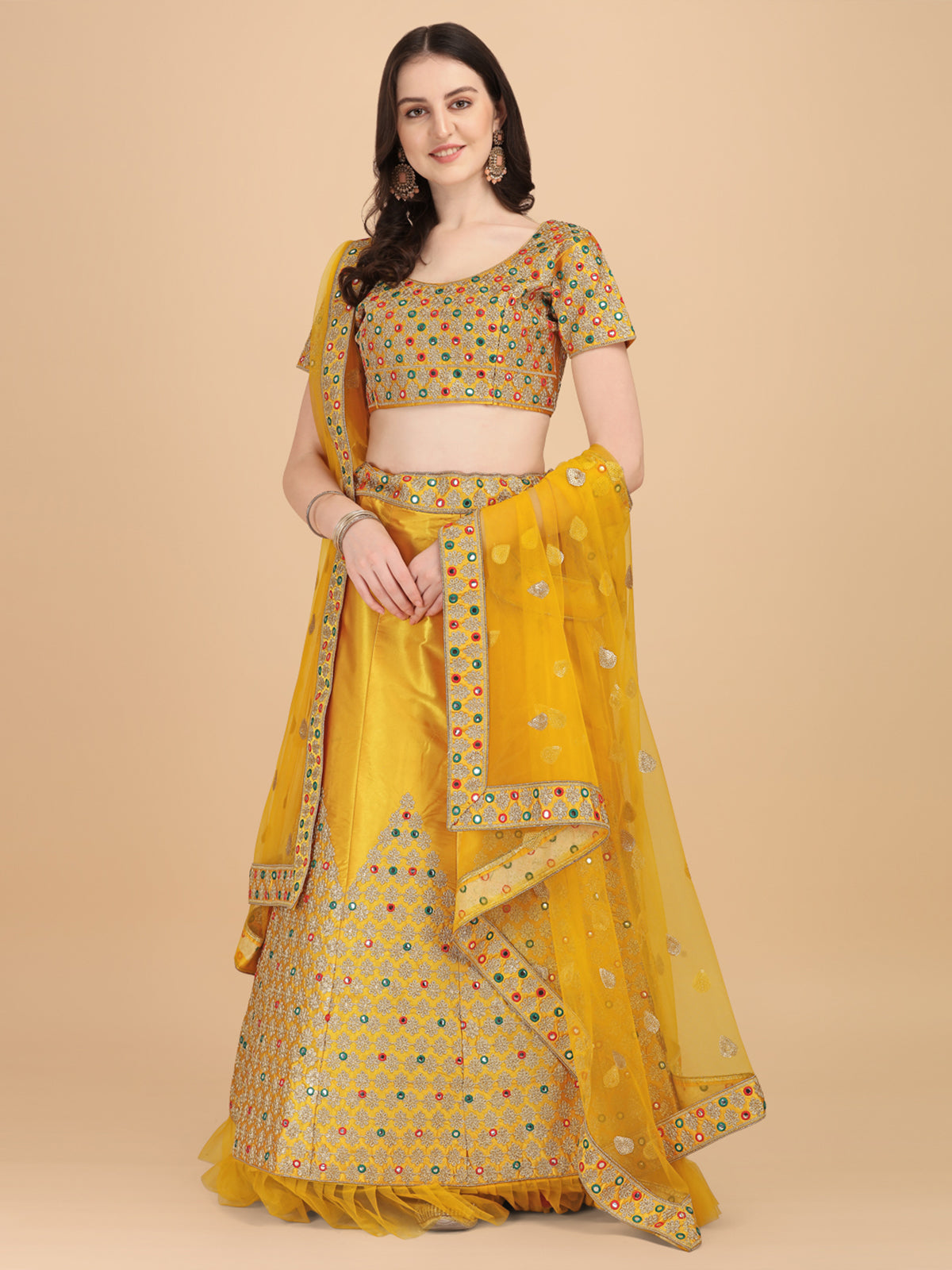 Designer Yellow Color Sequence & Mirror Work Satin Silk Lehenga choli