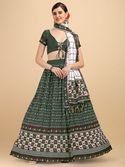 Digital Printed Dark Green & White Color Crushed Lehenga Choli