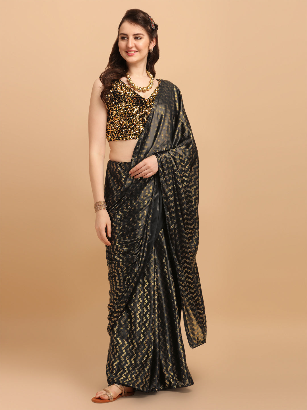 Black Malai Silk Saree With Sequences Blouse