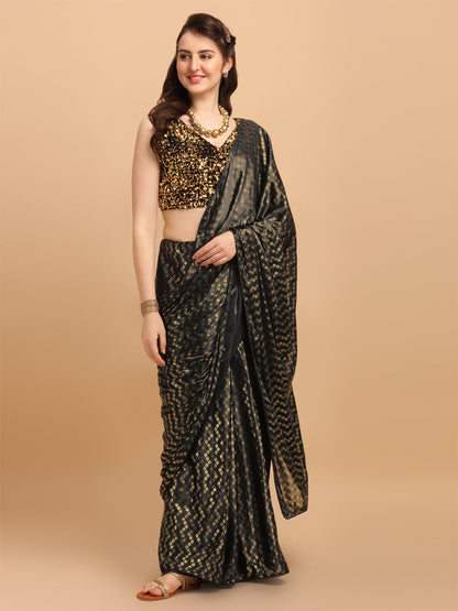 Black Malai Silk Saree With Sequences Blouse