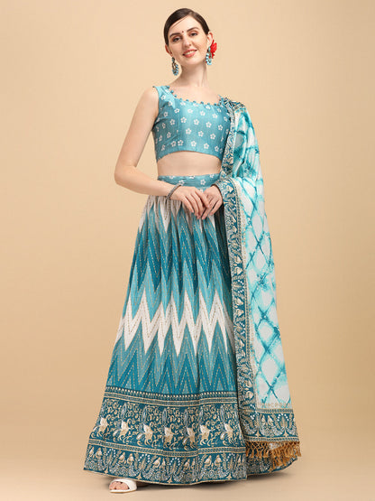 Digital Printed Sky Blue Color Crushed Lehenga Choli