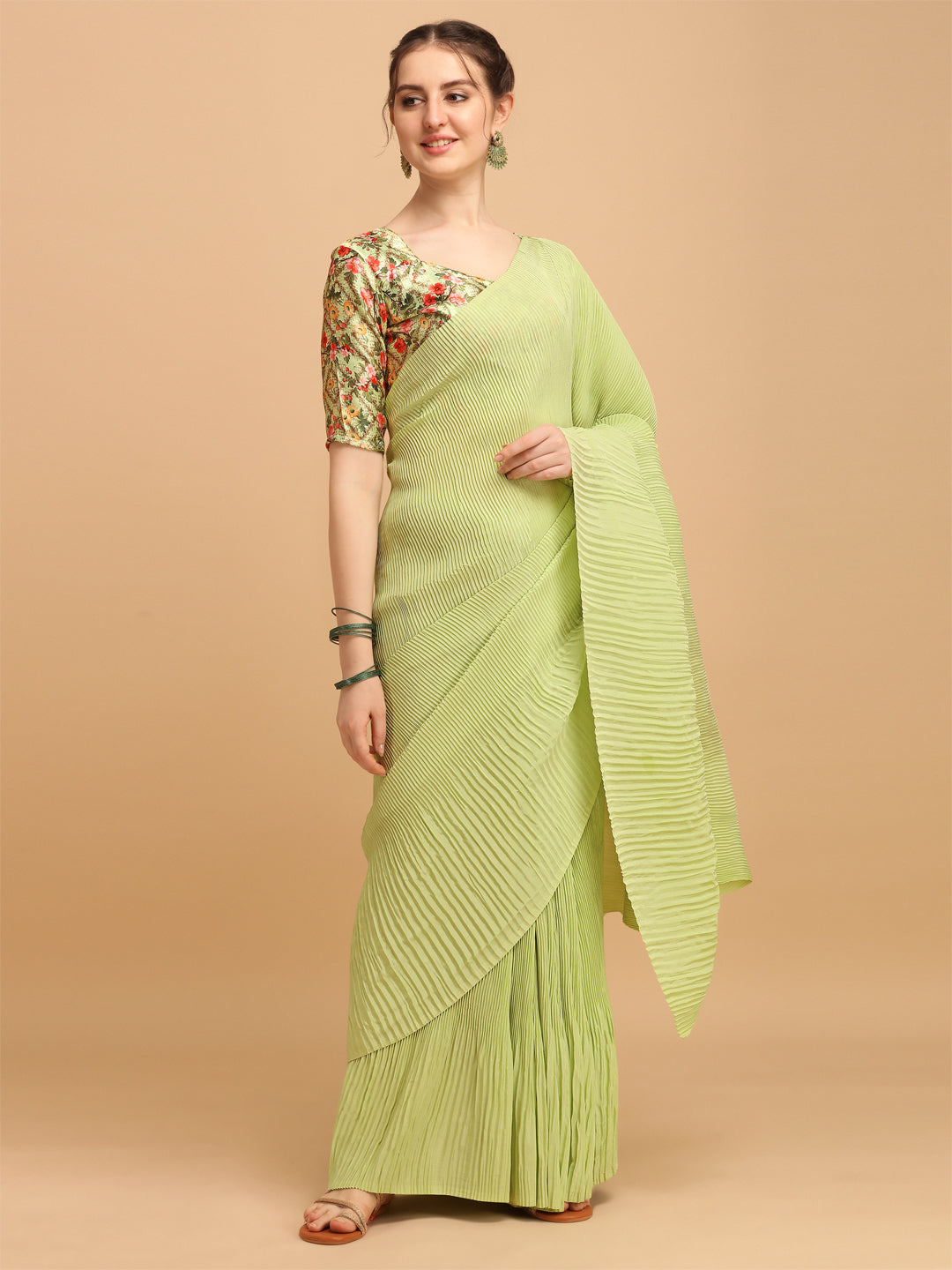 Pista Color Pleated Mesmerizing Saree