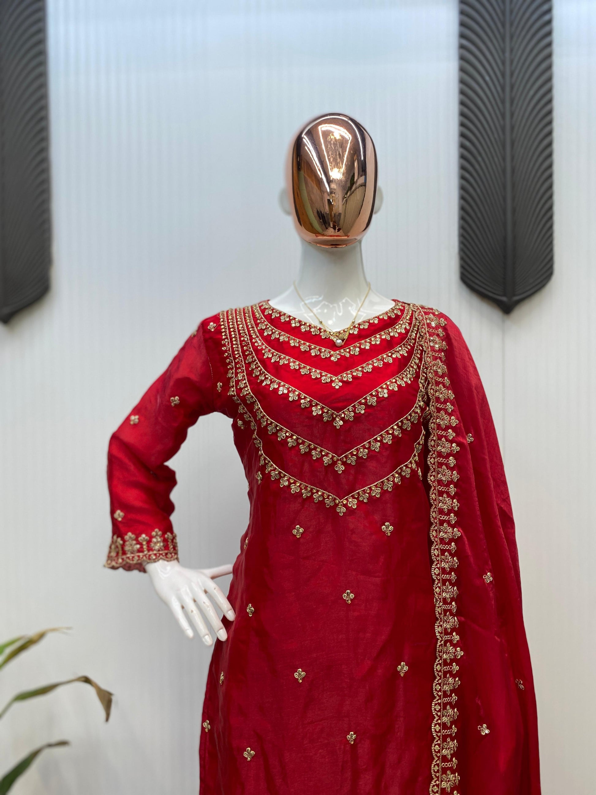 Good Looking Embroidery Work Red Color Palazzo Suit