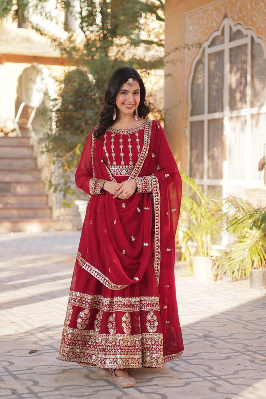 Fantastic Embroidery Work Red Color Gown