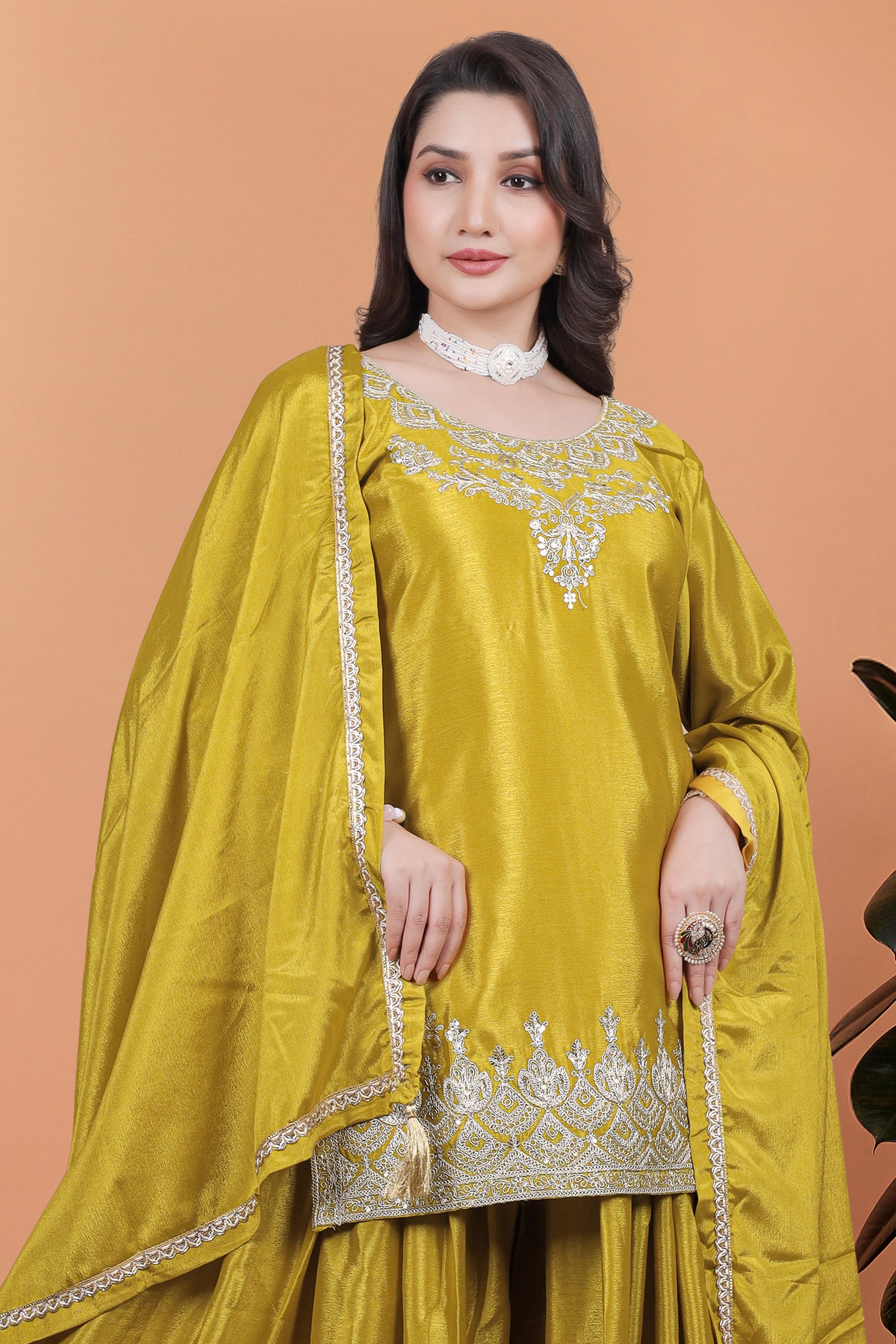 Designer Embroidery Work Mustard Color Palazzo Suit
