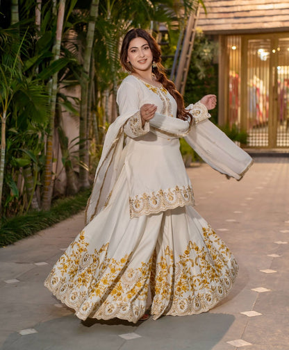 Festive Wear Embroidery Work White Color Sharara Suit