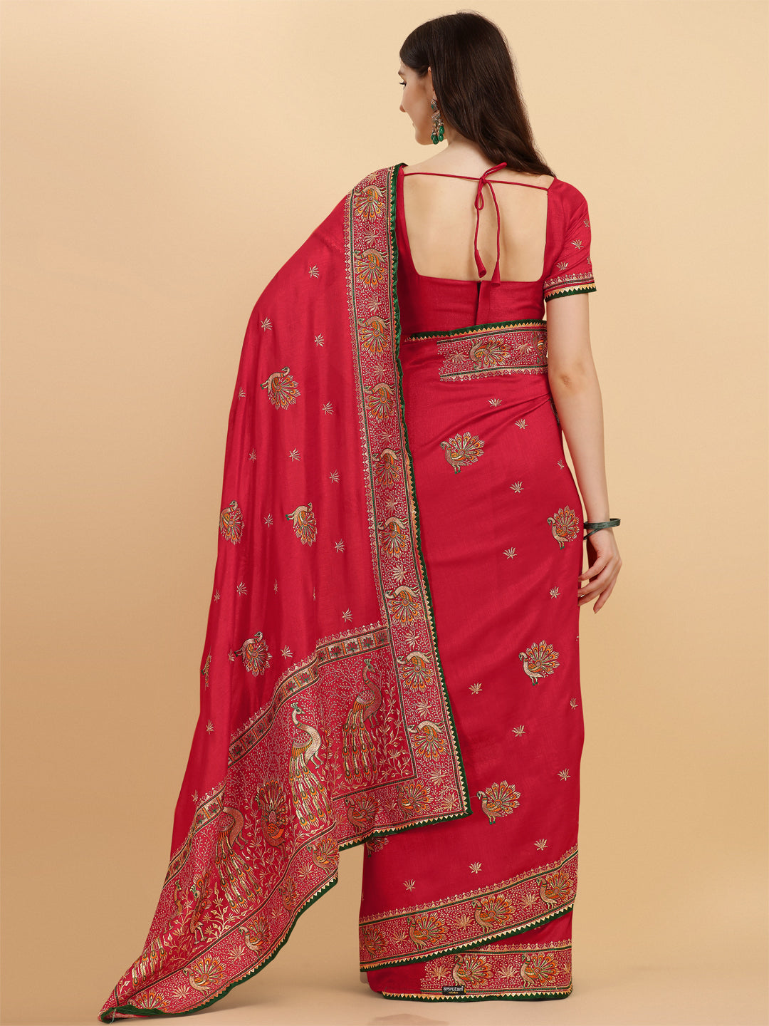 Party Wear Red Color Embroidered Work Vichitra Silk Saree