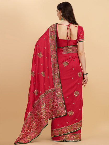 Party Wear Red Color Embroidered Work Vichitra Silk Saree
