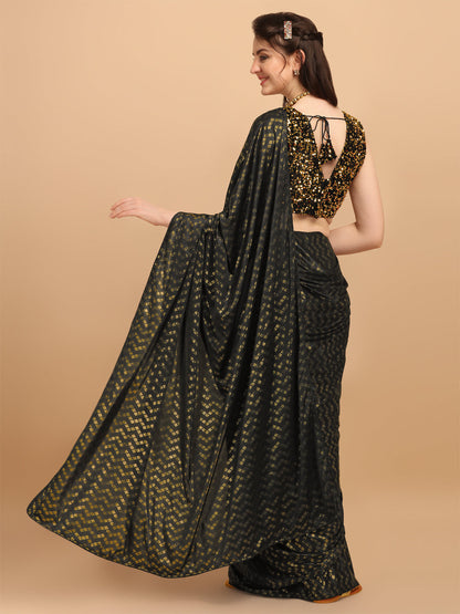 Black Malai Silk Saree With Sequences Blouse