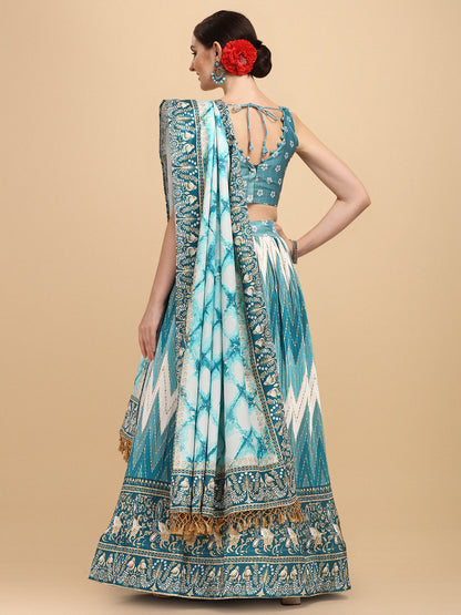 Digital Printed Sky Blue Color Crushed Lehenga Choli