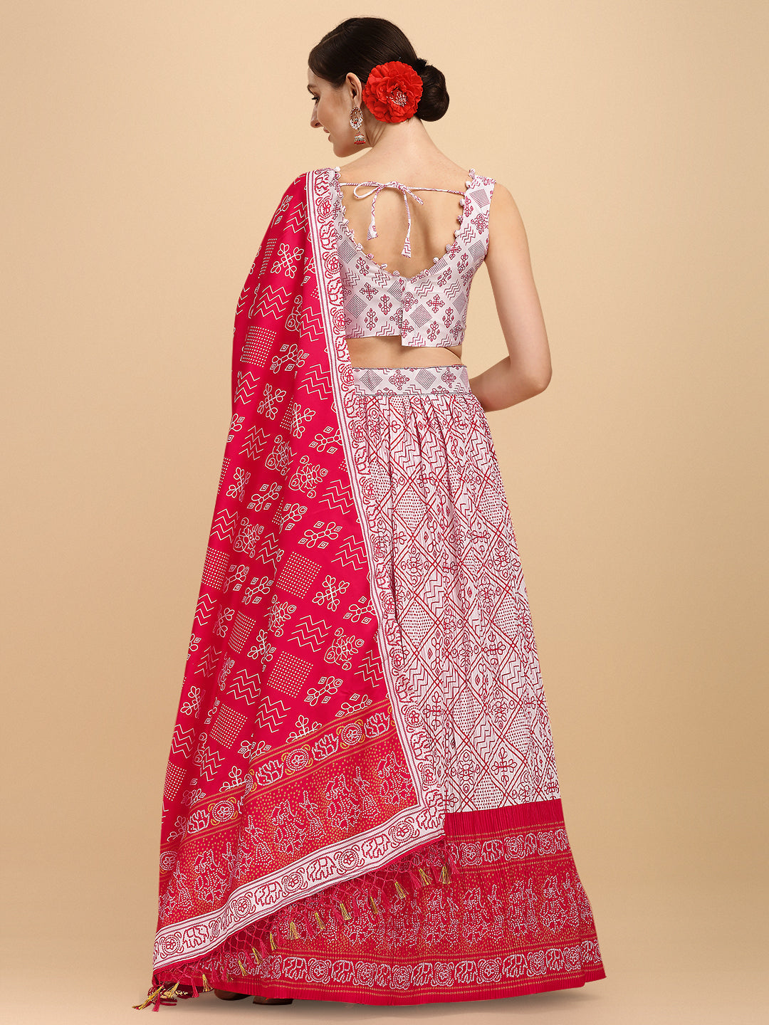 White & Pink Color Digital Printed Crushed Lehenga Choli