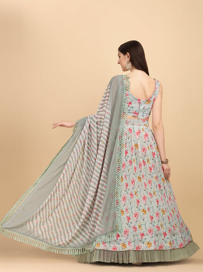 Pista Color Crochet Sequence Work Floral Printed Crushed Lehenga Choli