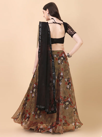 Digital Printed Brown Color Organza Lehenga Choli