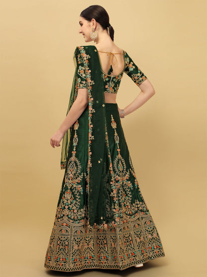 Dark Green Color Sequence & Embroidery Work Silk Lehenga Choli
