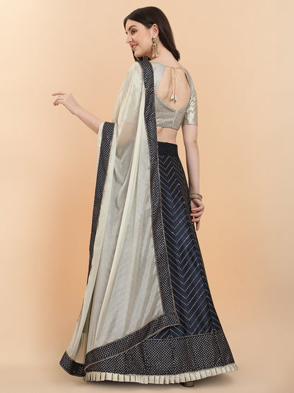 Navy Blue With Beige Color Sequence Work Satin Silk Lehenga Choli