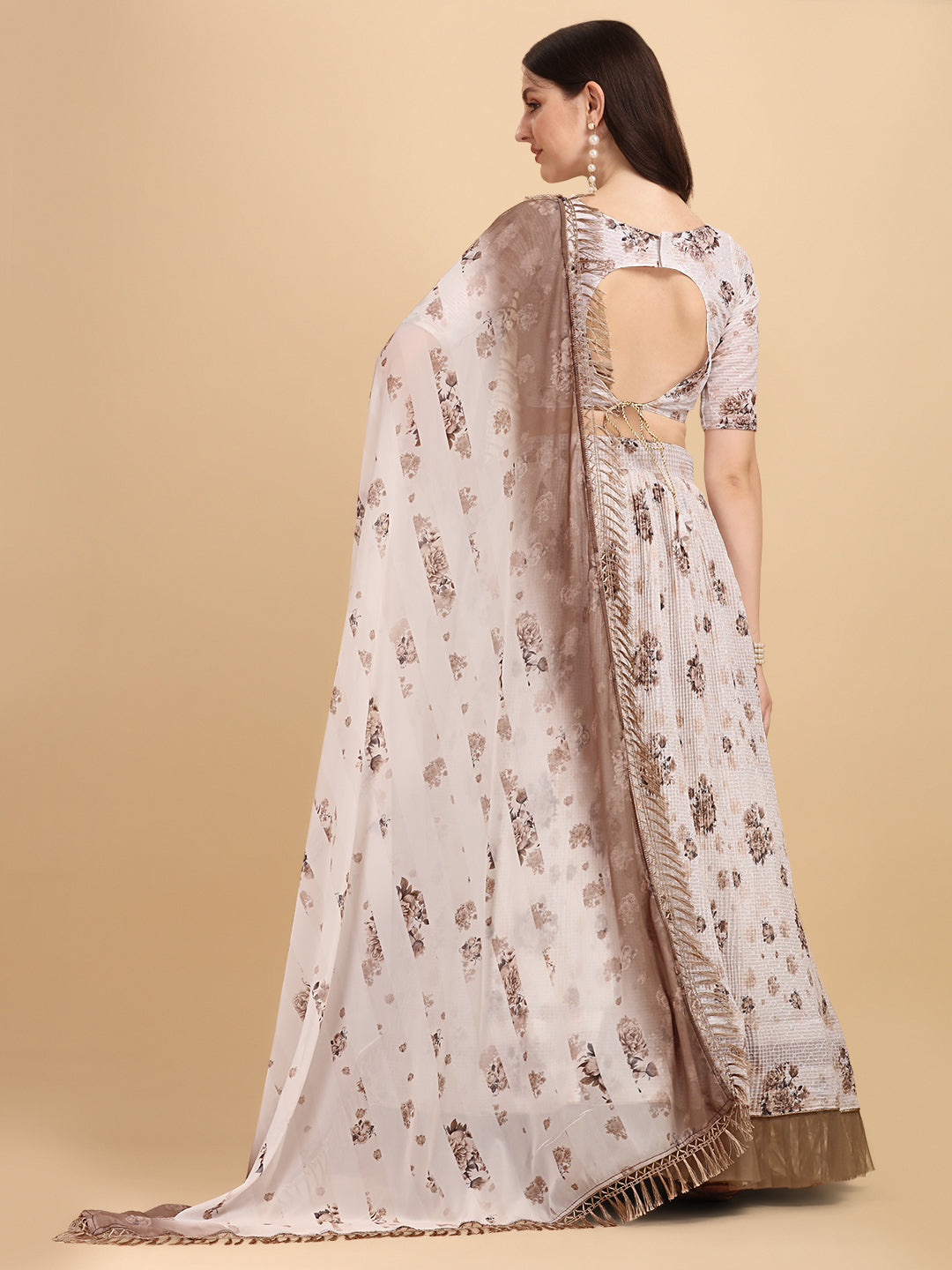 Brown Color Crochet Sequence Work Floral Printed Crushed Lehenga Choli