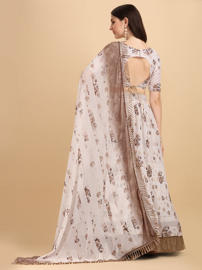 Brown Color Crochet Sequence Work Floral Printed Crushed Lehenga Choli