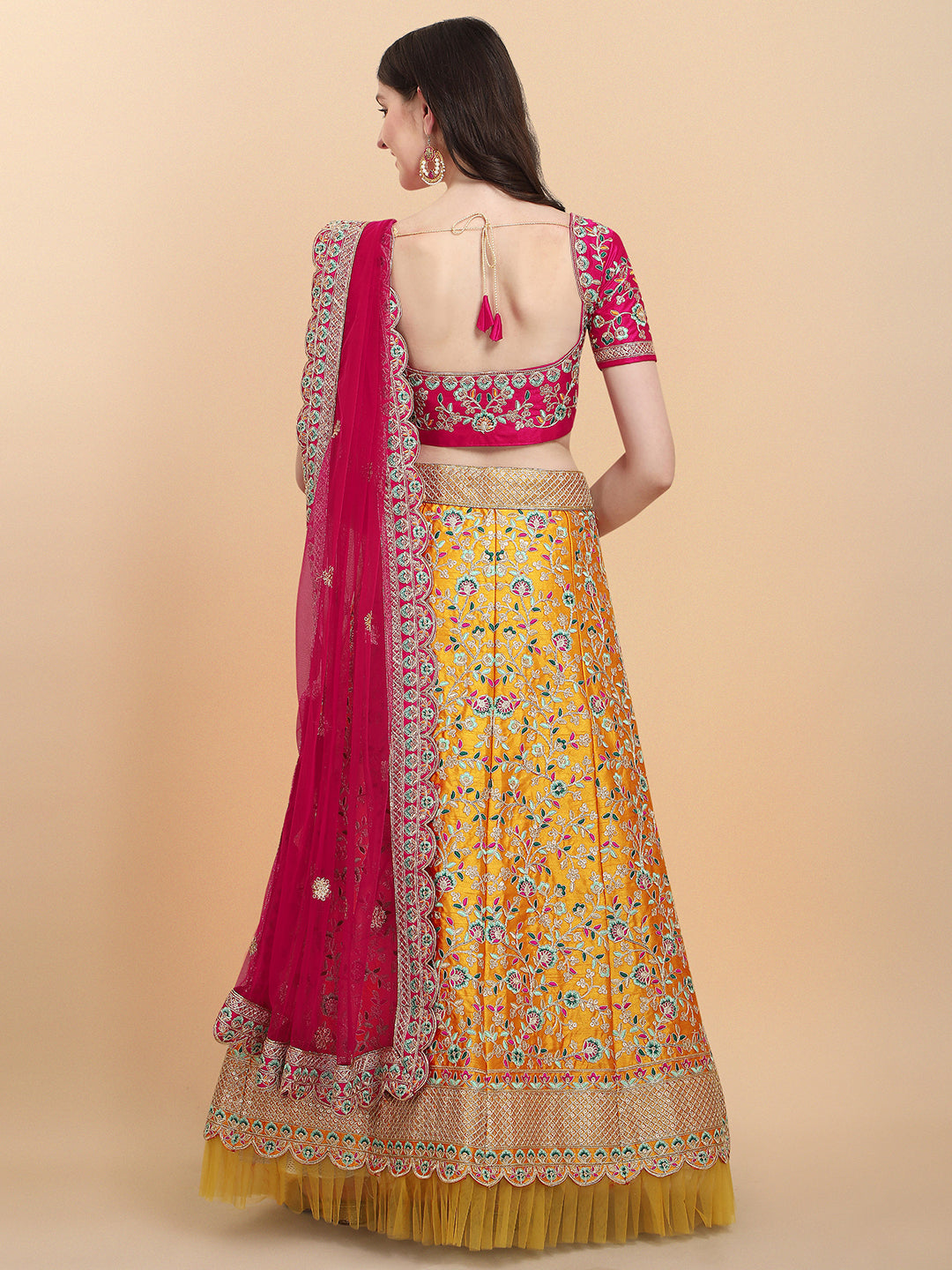 Pink With Yellow Color Sequence Embroidered Work Silk Lehenga Choli