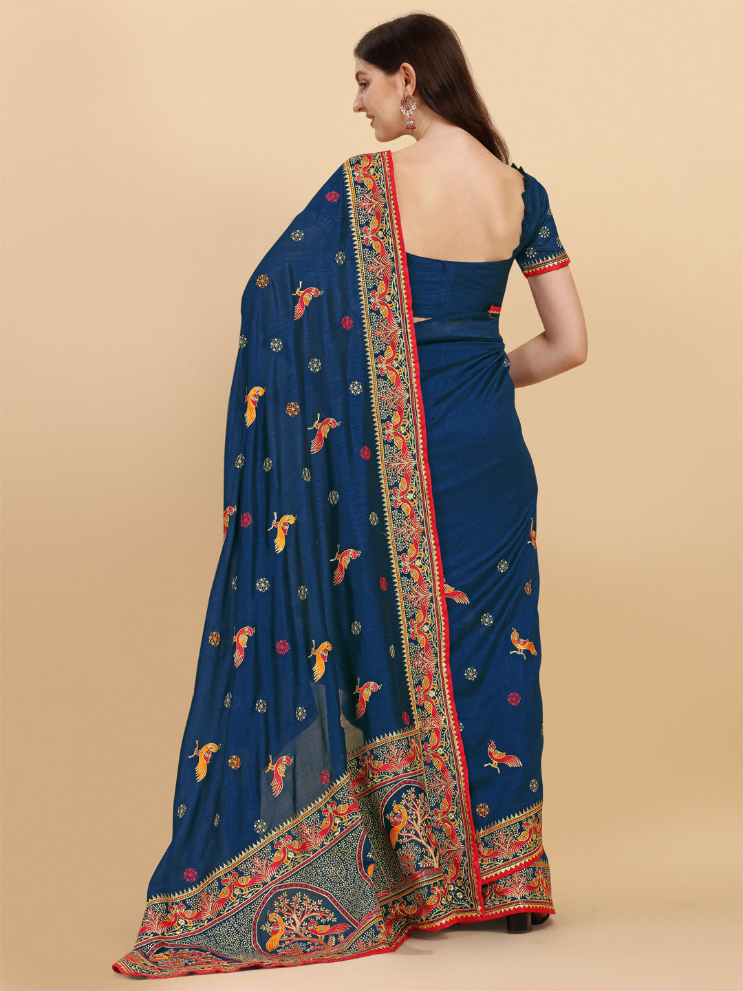 Party Wear Navy Blue Color Embroidered Work Vichitra Silk Saree