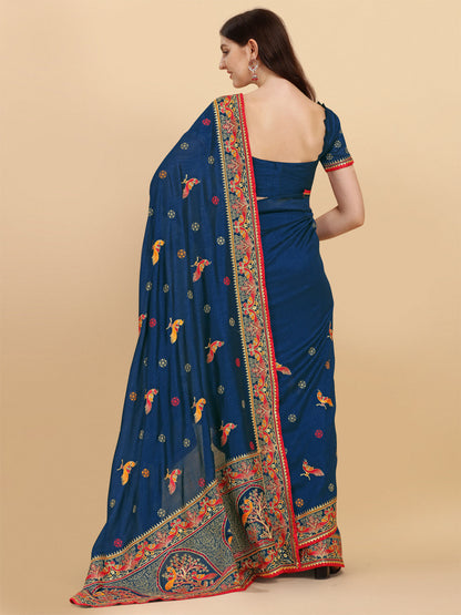 Party Wear Navy Blue Color Embroidered Work Vichitra Silk Saree