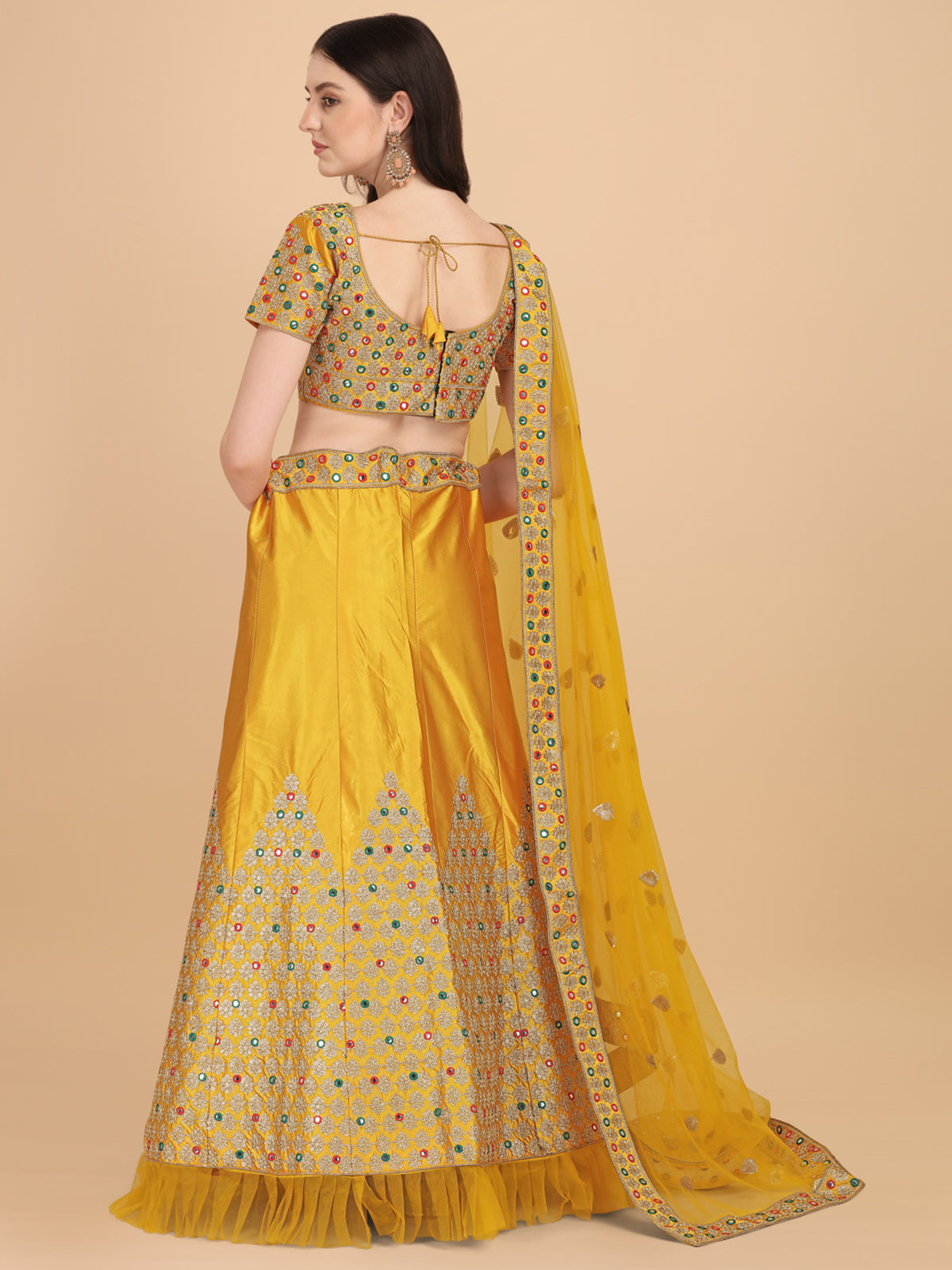 Designer Yellow Color Sequence & Mirror Work Satin Silk Lehenga choli