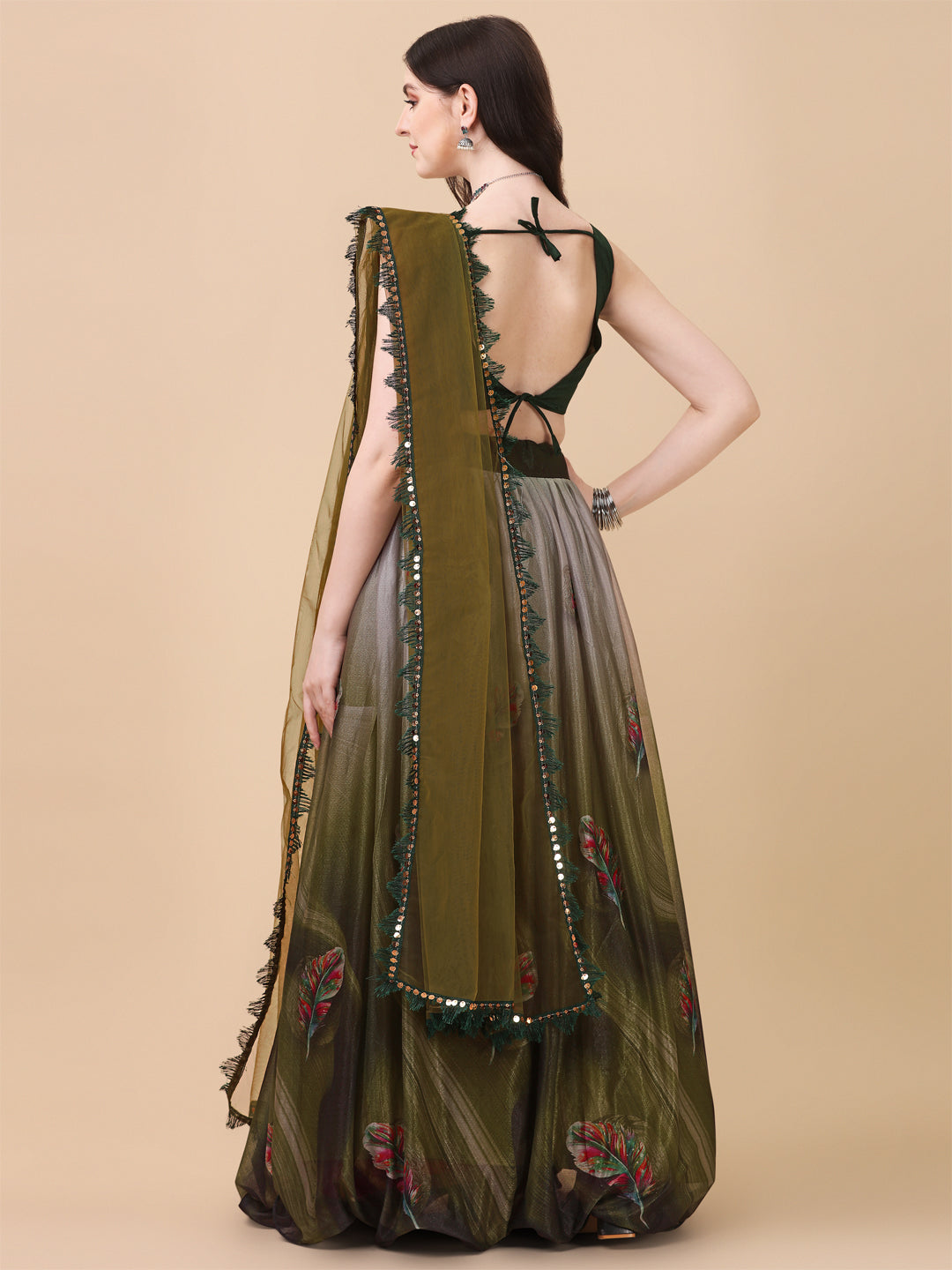 Digital Printed Mehndi Green Color Lycra Lehenga Choli