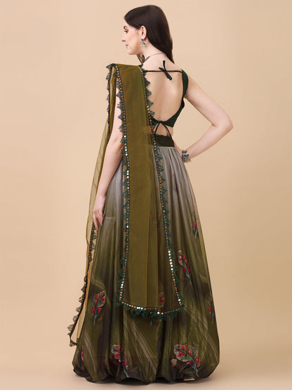 Digital Printed Mehndi Green Color Lycra Lehenga Choli