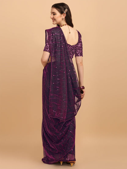 Demanding Pink Net Saree With Sequences Blouse