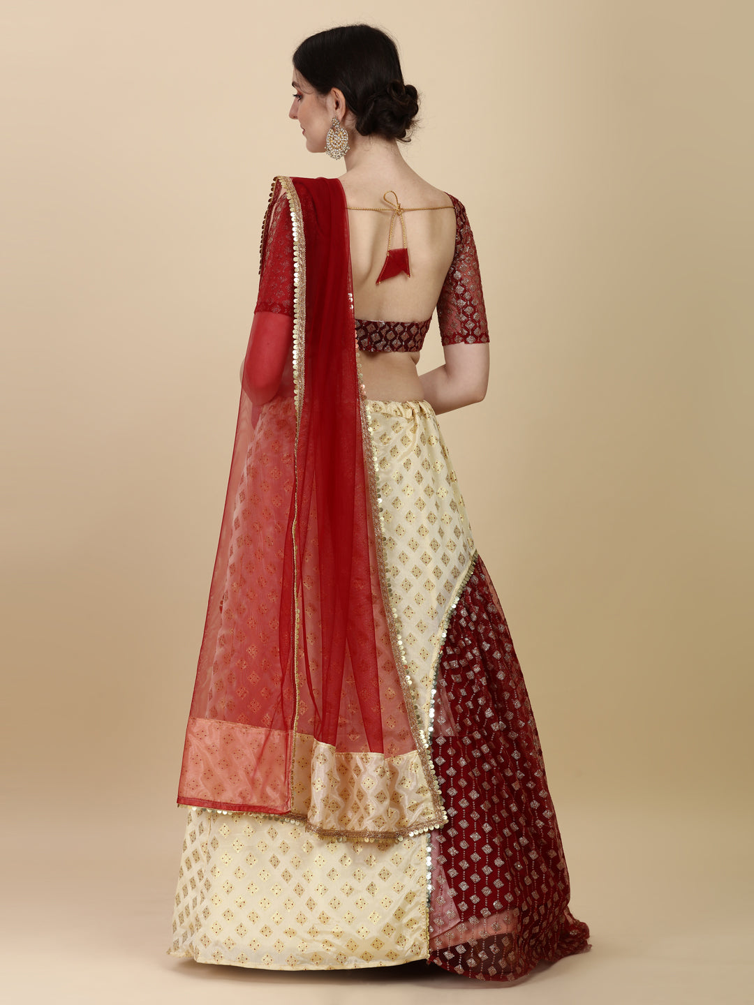 Ruffle Style Beige & Maroon Color Chinon Satin With Net Lehenga Choli