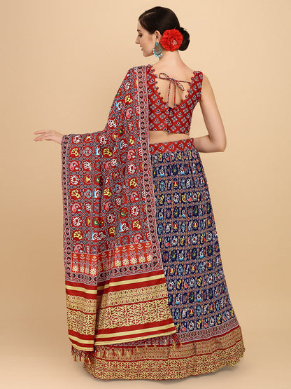 Digital Printed Awesome Navy Blue & Red Color Crushed Lehenga Choli