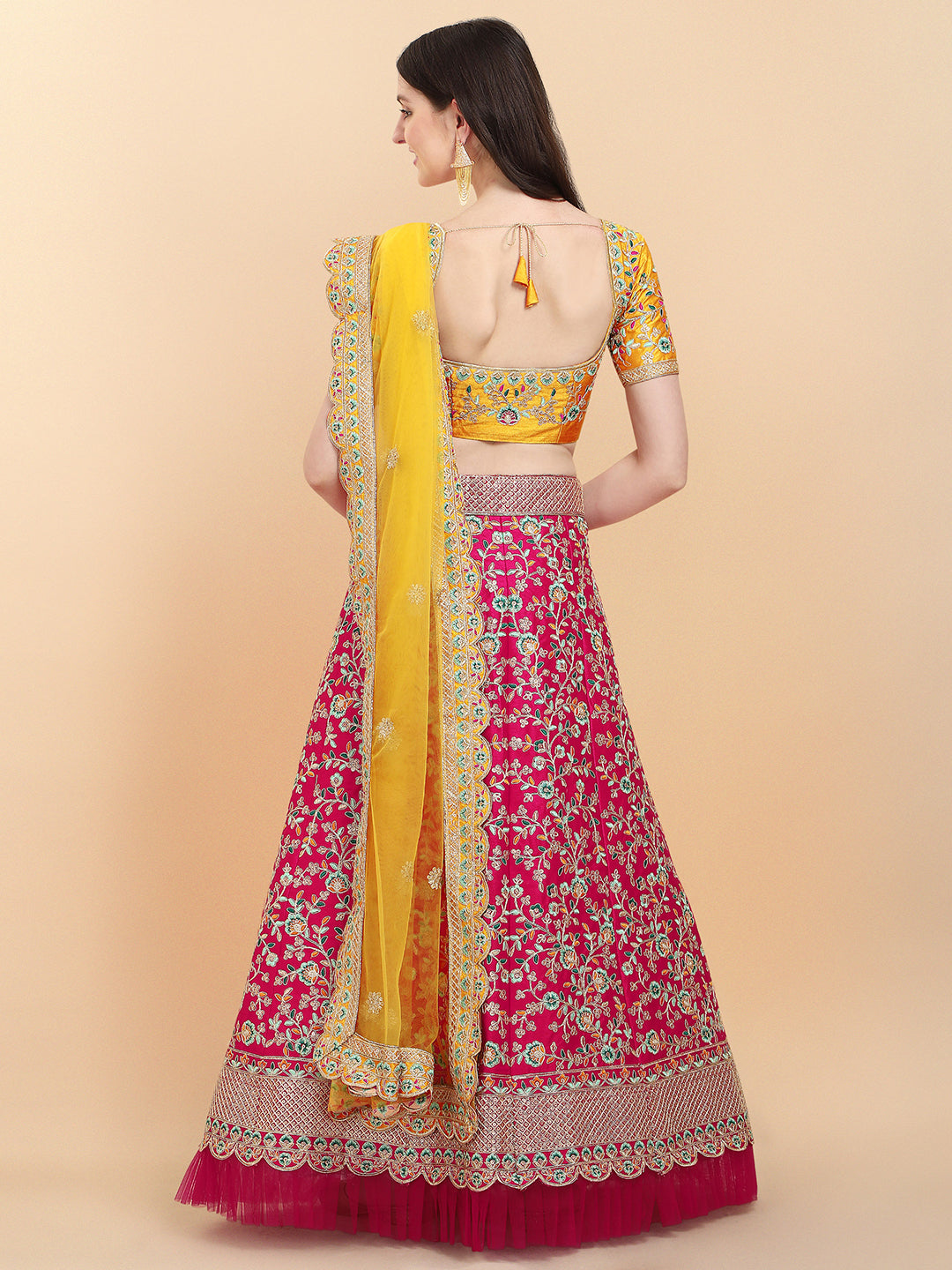 Yellow With Pink Color Sequence Embroidered Work Silk Lehenga Choli