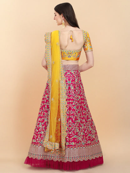 Yellow With Pink Color Sequence Embroidered Work Silk Lehenga Choli